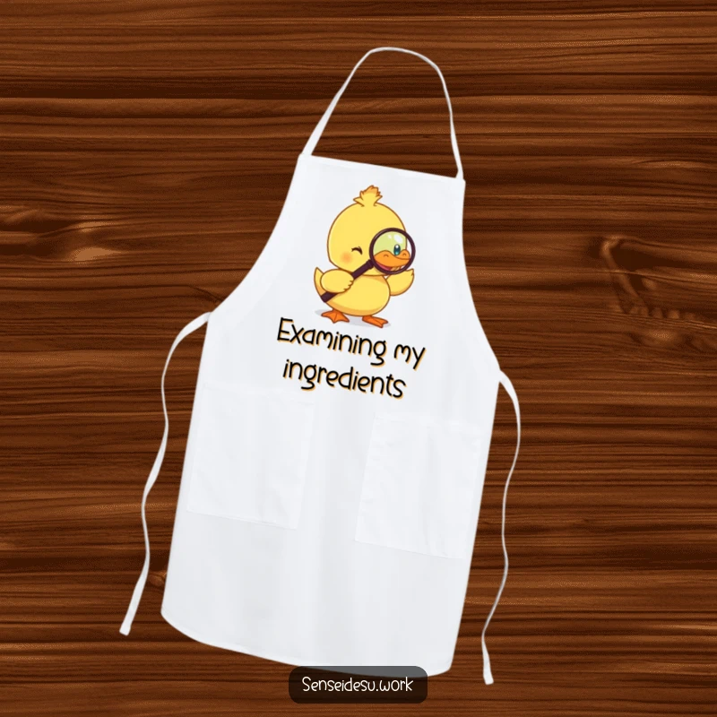 Funny duckling apron, monocle-wearing bird, using a magnifying glass, ideal for witty cooks and kitchen humor.