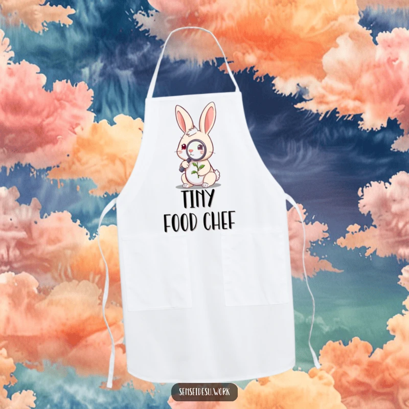 Funny quirky rabbit character examining a tiny sprout with a magnifying glass, perfect for a kitchen and funny apron.