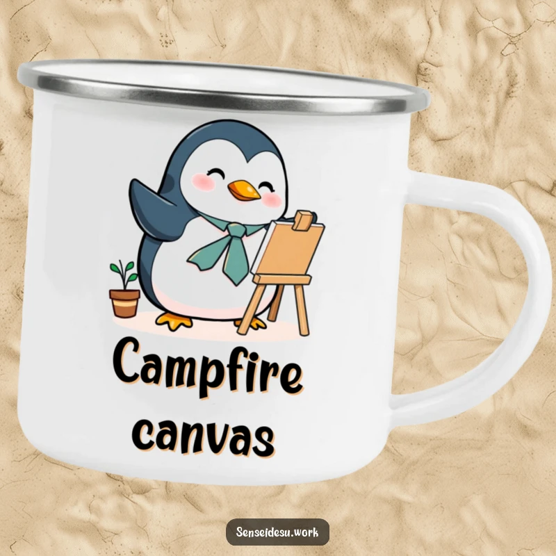 Funny penguin camping mug, a tie, enthusiastically illustrating on a mini easel, for witty outdoor creators.