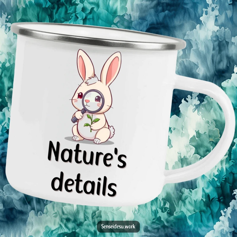 Funny quirky rabbit character examining a tiny sprout with a magnifying glass, ideal for a durable and funny camping mug.