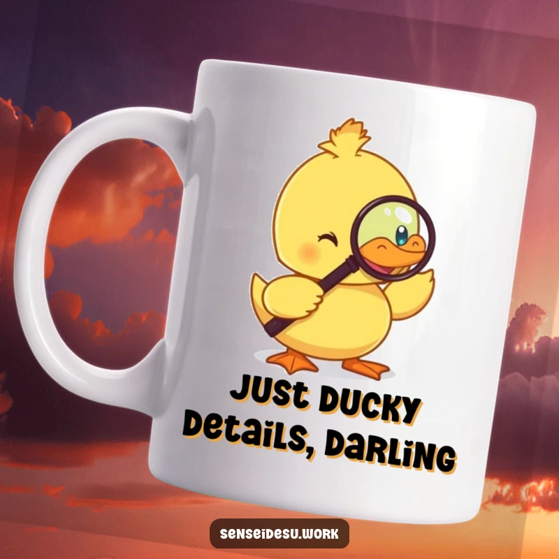 Funny duckling mug with a monocle, intently using a magnifying glass, conveying curiosity and humor.