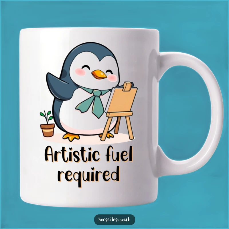 Funny Penguin Artist Mug: Dapper Bird with Tie Illustrating with Joyful Flair