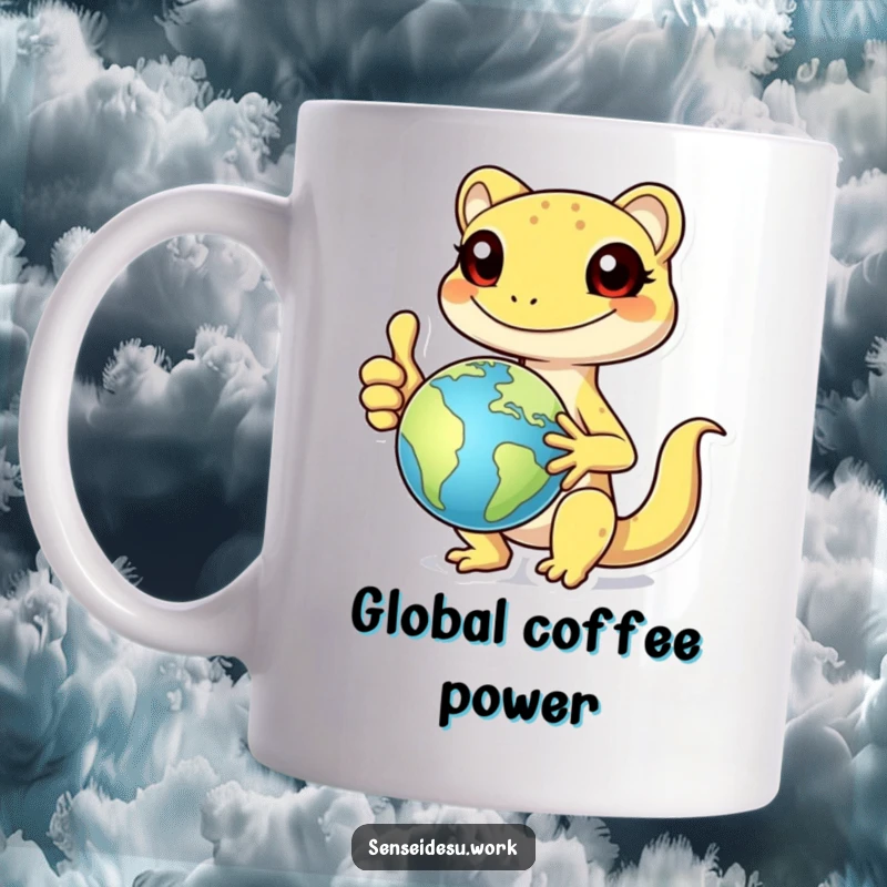 Funny cheerful gecko character giving a thumbs up while holding a globe, showing global positivity, on a mug.