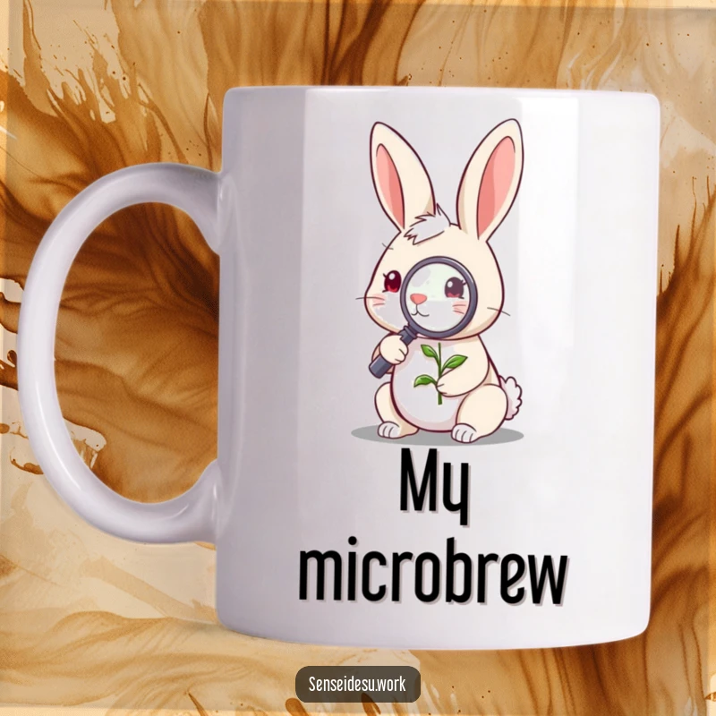 Funny quirky rabbit character examining a tiny sprout with a magnifying glass, showing curiosity, on a mug.