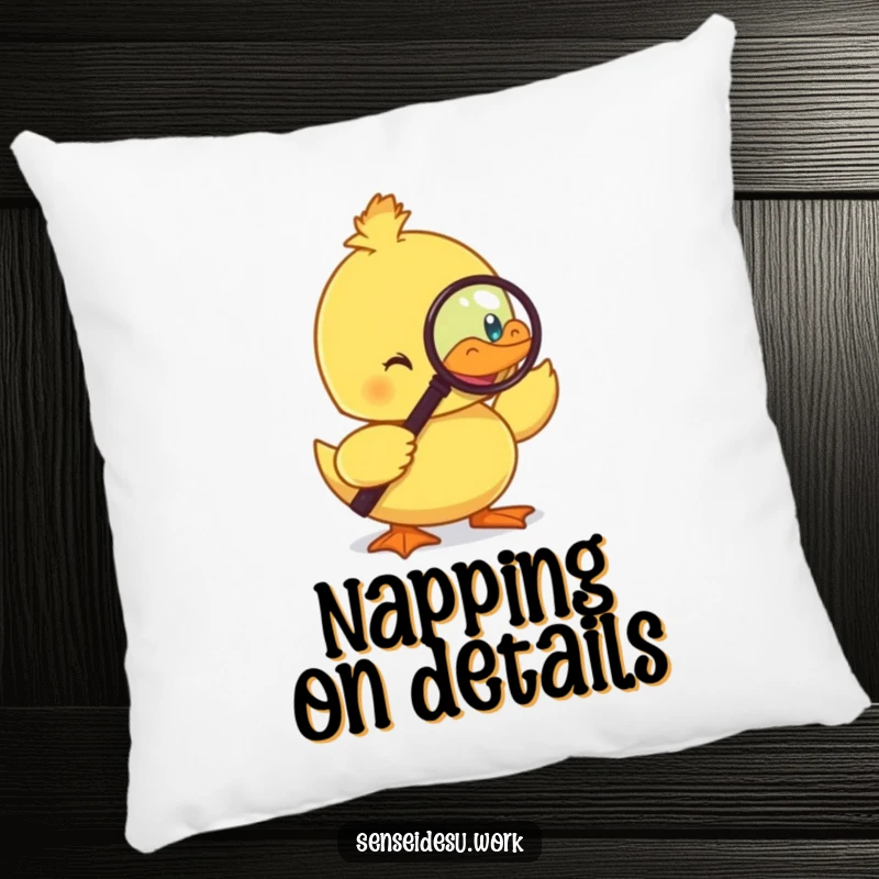 Funny duckling pillow, monocle on, holding a magnifying glass, offering comfort and a dose of droll humor.