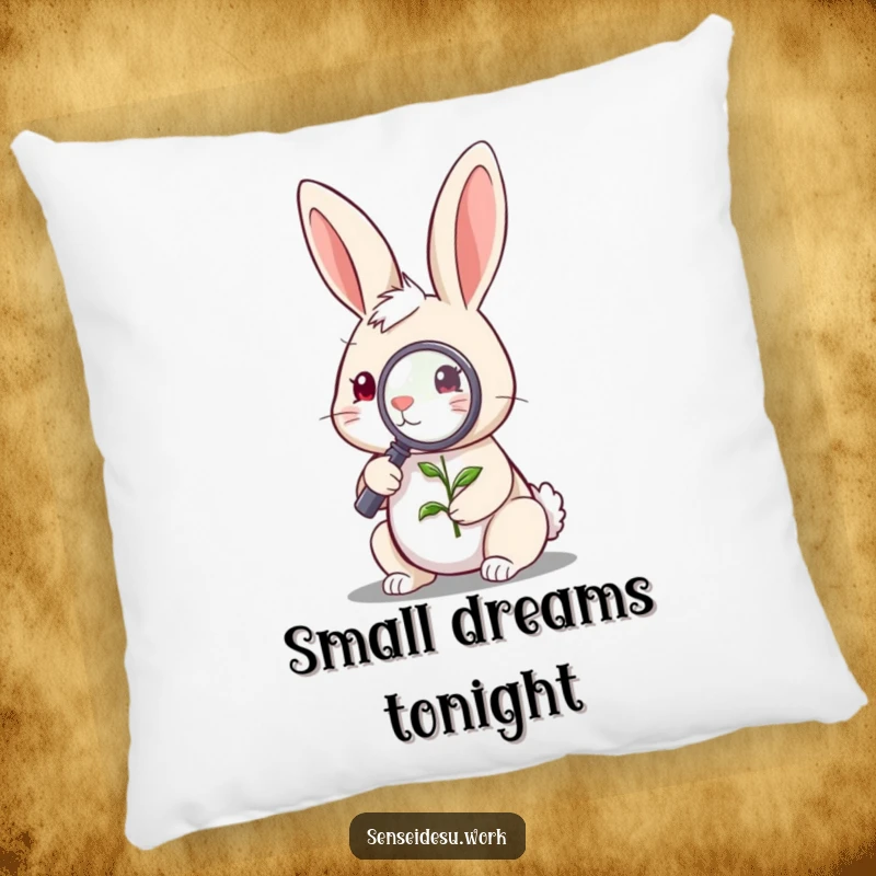 Funny quirky rabbit character examining a tiny sprout with a magnifying glass, creating a soft and funny pillow.