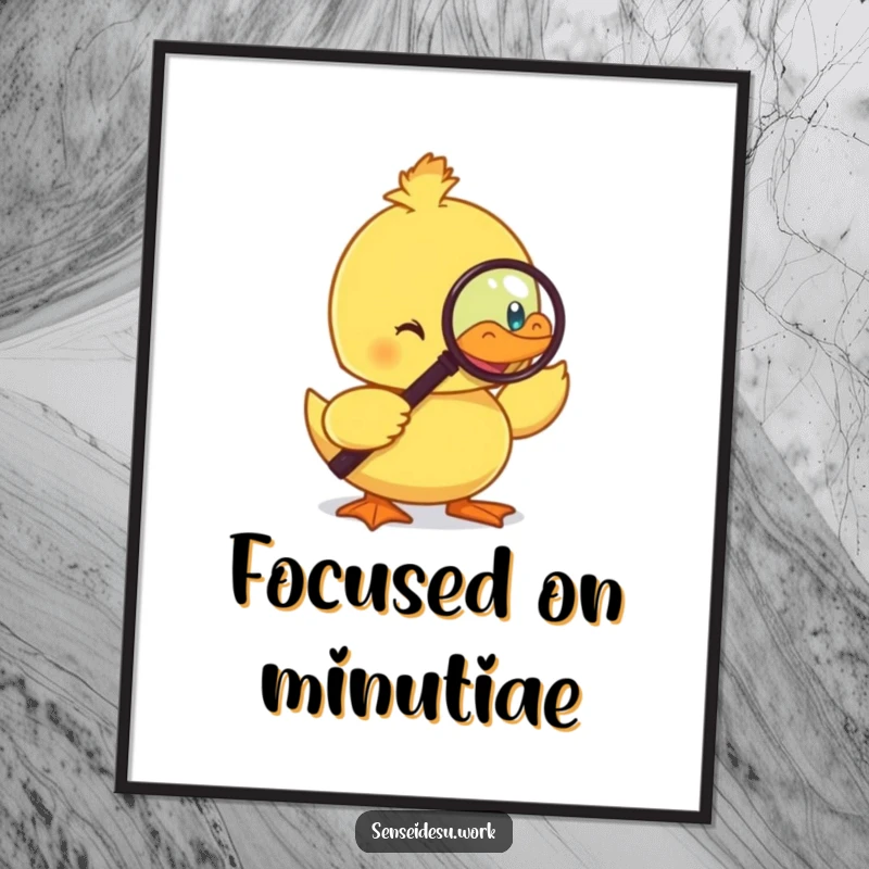 Funny duckling digital art print, monocle on, examining with magnifying glass, perfect for witty, sophisticated decor.