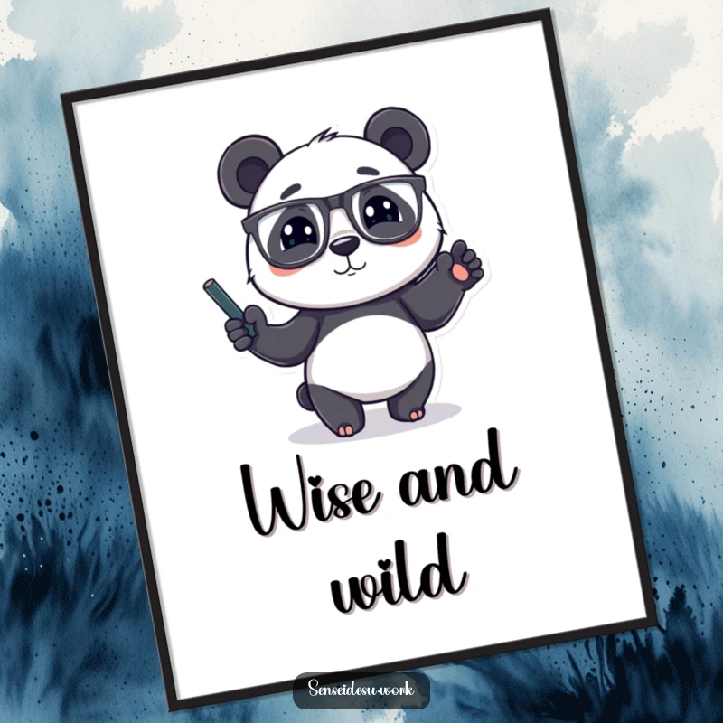 Funny panda character wearing glasses, gesturing with a chalk-filled paw, a charming and funny digital art print.