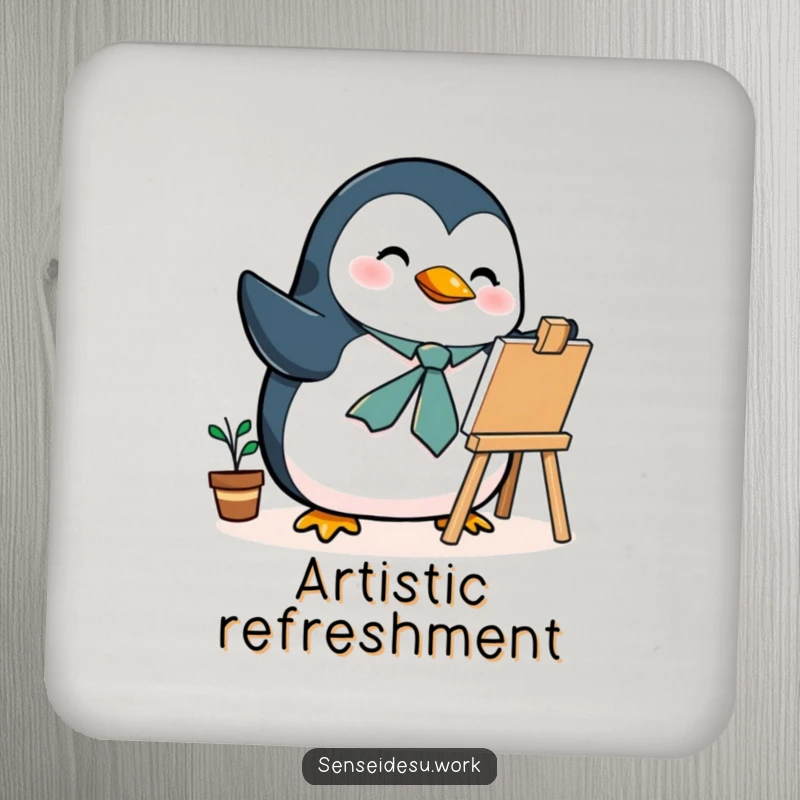 Funny penguin coaster, a tie, enthusiastically illustrating on a mini easel, adding artistic humor to drinks.