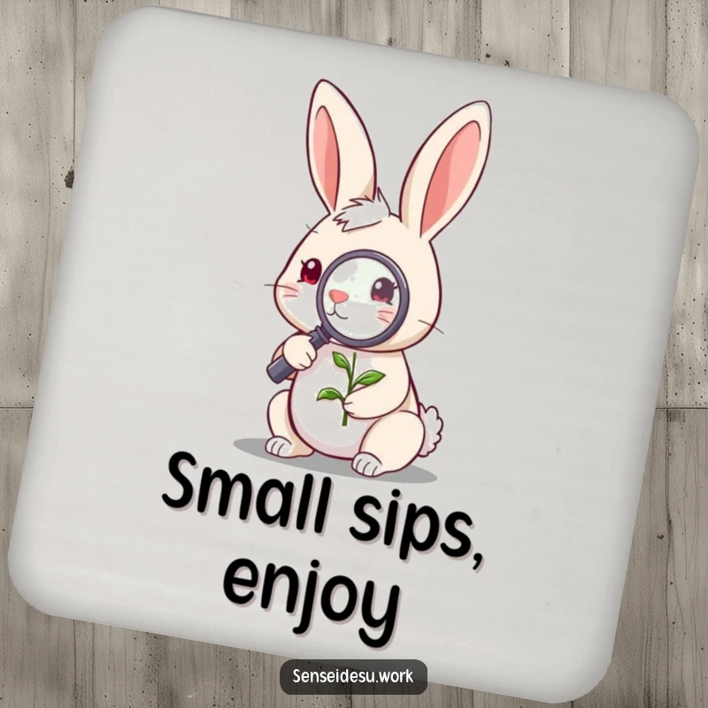 Funny quirky rabbit character examining a tiny sprout with a magnifying glass, a delightful and funny coaster design.