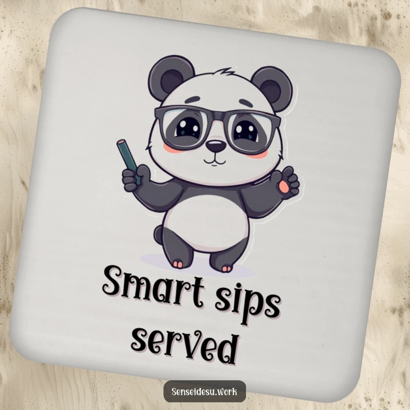 Funny panda character wearing glasses, gesturing with a chalk-filled paw, a delightful and funny coaster design.