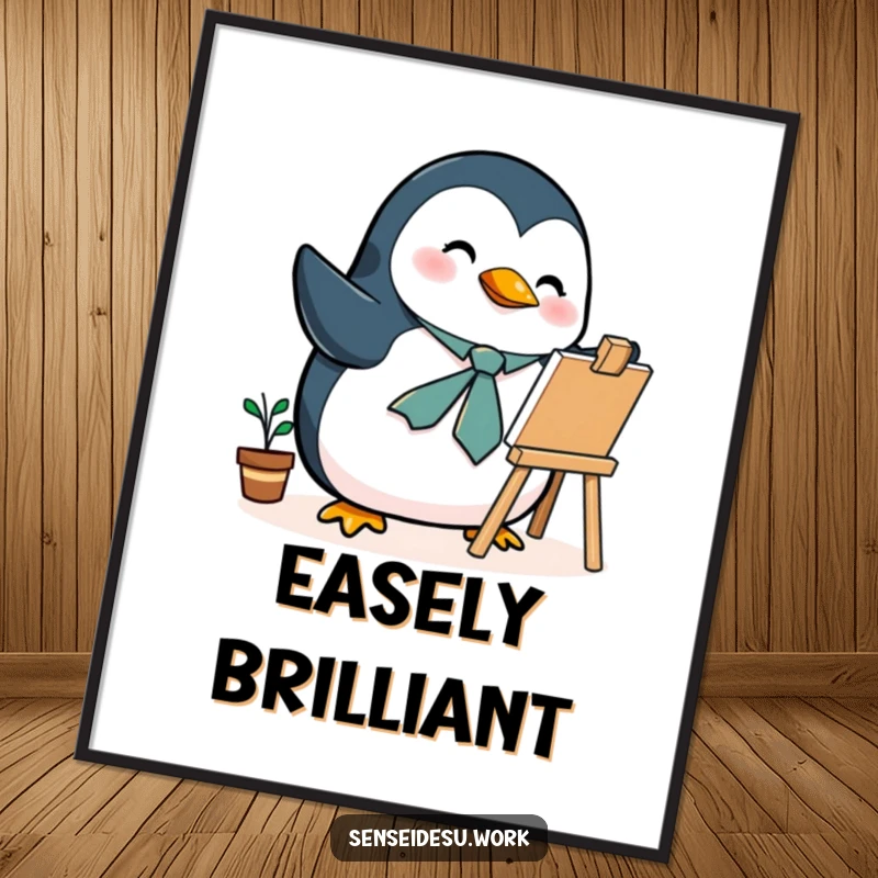 Funny penguin poster, a dapper bird in a tie, drawing on a mini easel, celebrating art and humor.