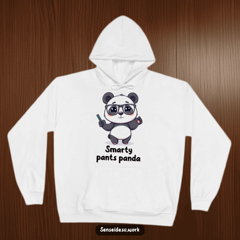 Funny panda character wearing glasses, gesturing with a chalk-filled paw, perfect for a cozy funny hoodie.