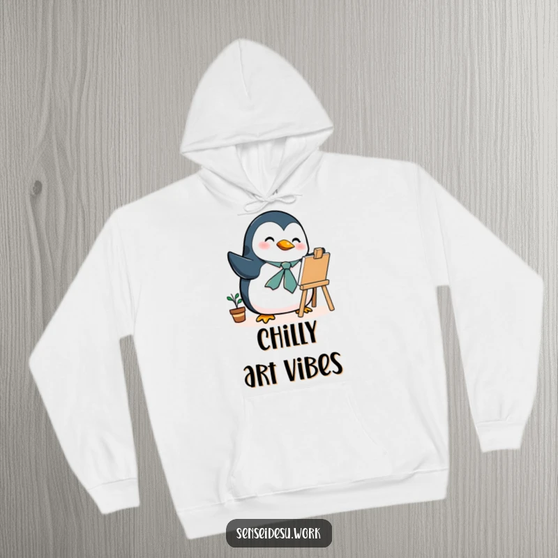 Funny penguin hoodie, a tie, enthusiastically illustrating on a mini easel, for cozy artistic moments.