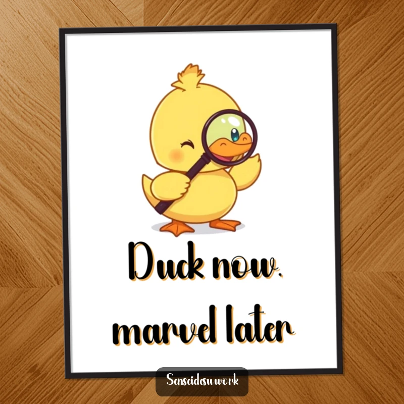 Funny Free Printable Wall Art of a sophisticated duckling wearing a monocle, curiously examining a magnifying glass with an inquisitive look.