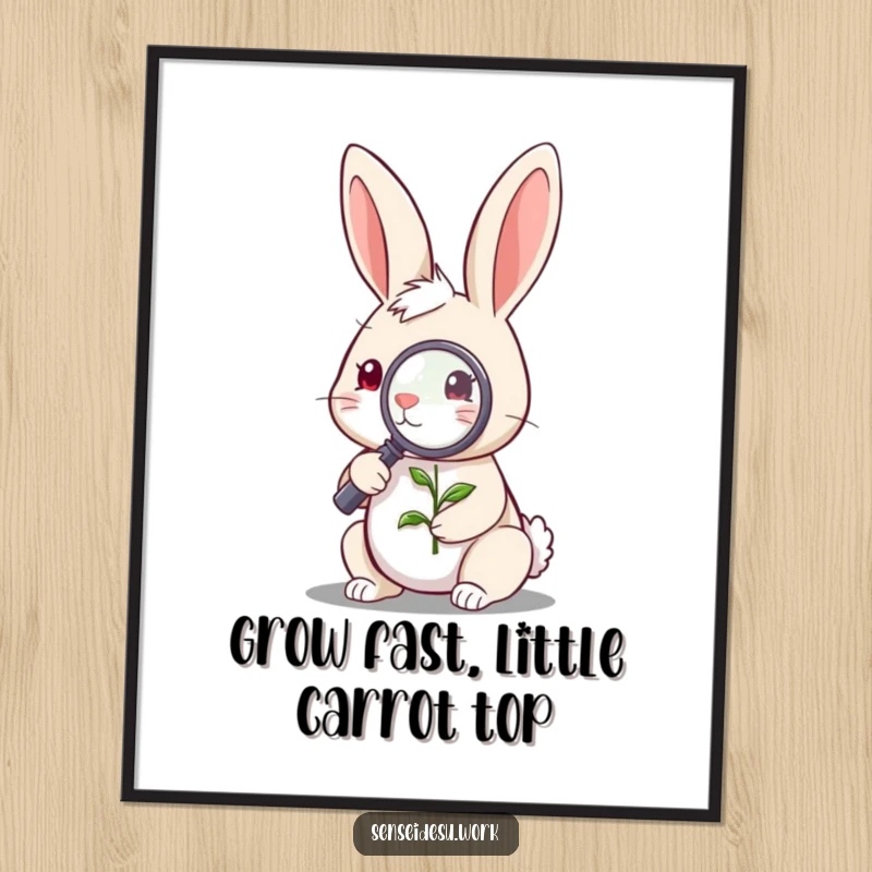 Funny Free Printable Wall Art: A quirky rabbit uses a magnifying glass to examine a tiny, hopeful green sprout.