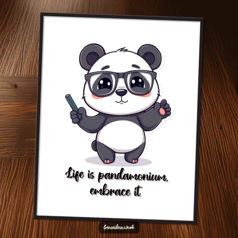 Funny Free Printable Wall Art: A playful panda with glasses holds a chalk-covered paw, looking wise and ready to teach.