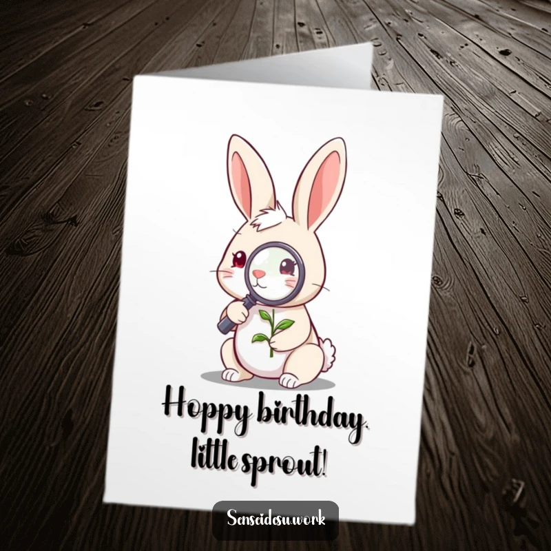 Funny Free Printable Birthday Card: A quirky rabbit with a magnifying glass inspects a tiny sprout, celebrating growth.