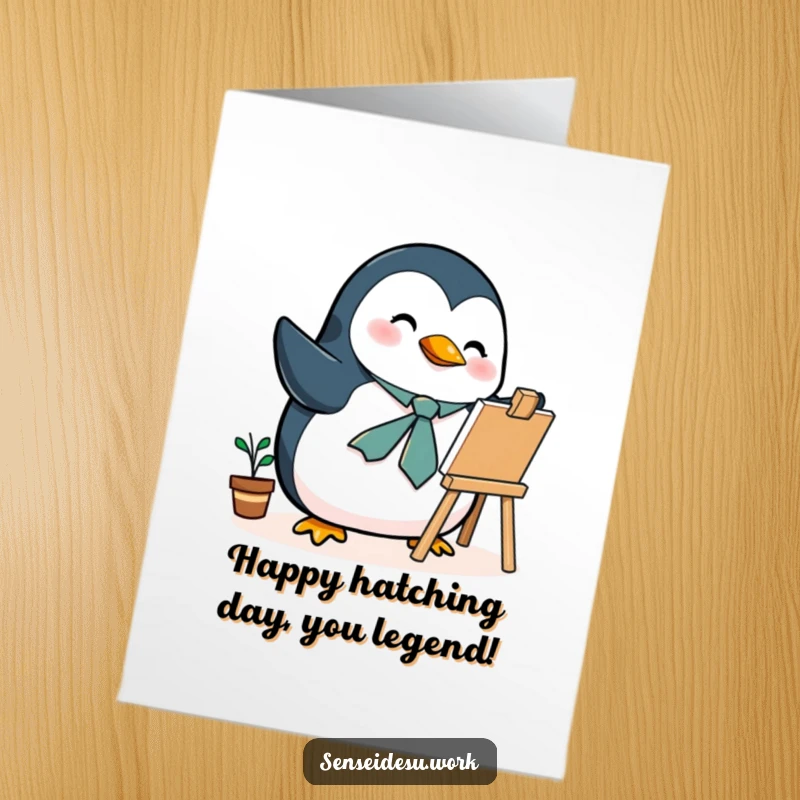 Funny Free Printable Birthday Card showing a plump penguin in a tiny tie, passionately painting on a mini easel with great enthusiasm.