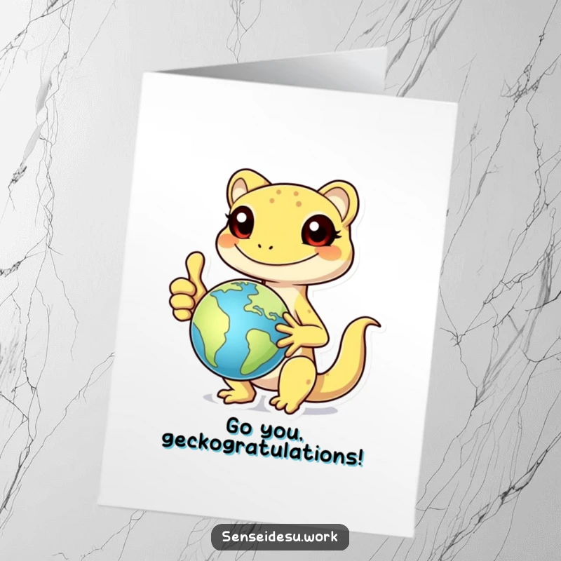 Funny Free Printable Congratulations Card: A happy gecko gives a thumbs up holding a globe, celebrating worldwide achievement.