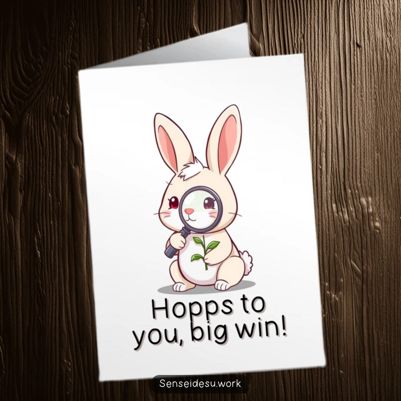 Funny Free Printable Congratulations Card: A rabbit peers through a magnifying glass at a sprouting plant, celebrating success.