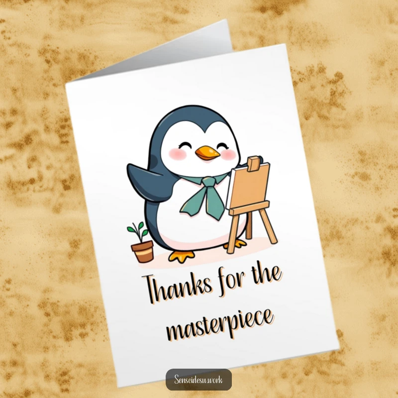 Funny Free Printable Thank You Card of a plump penguin in a tie, focused on illustrating on a mini easel, expressing gratitude.