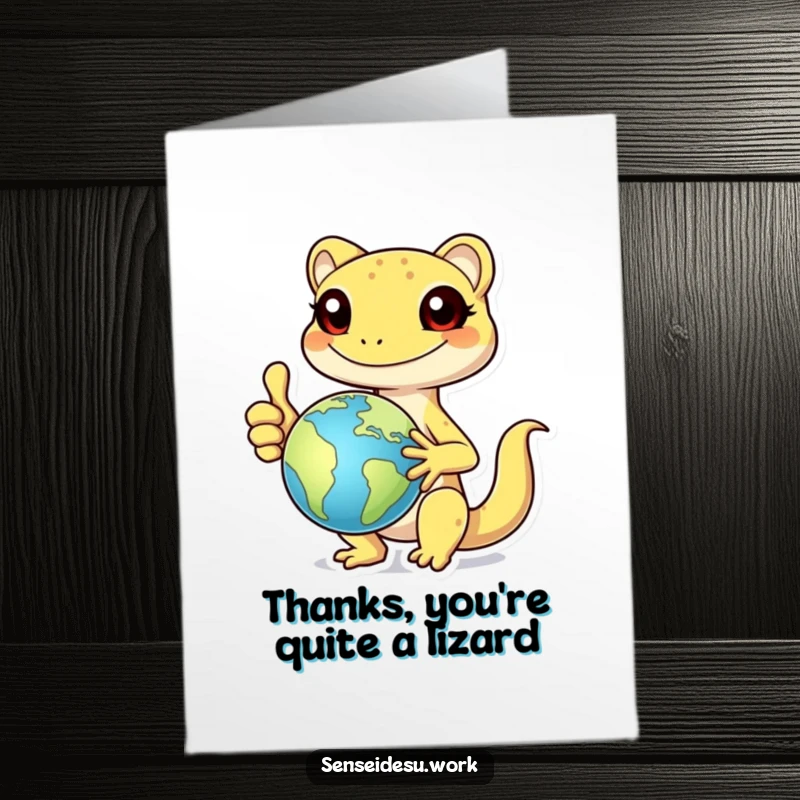 Funny Free Printable Thank You Card: A cheerful gecko holding a globe gives a thumbs up, sending thanks worldwide.