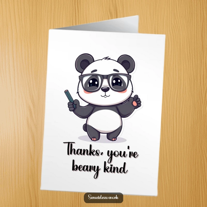 Funny Free Printable Thank You Card: A panda wearing glasses points with a chalk-filled paw, offering insightful thanks.