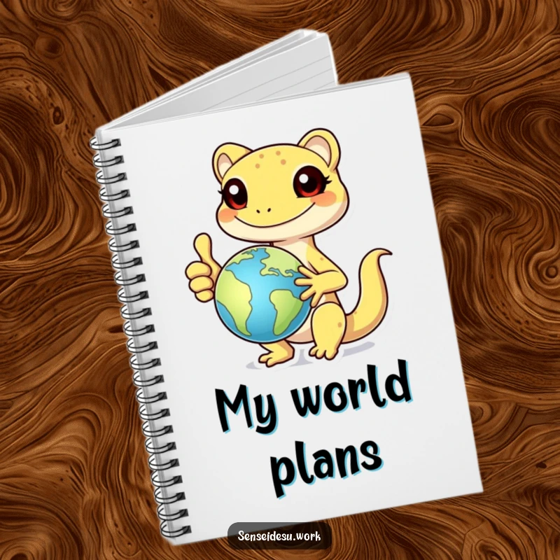 Funny cheerful gecko character giving a thumbs up while holding a globe, perfect for writing notes in a funny notebook.