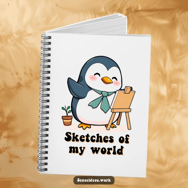 Funny penguin notebook, a tie, enthusiastically illustrating on a mini easel, perfect for sketching ideas humorously.