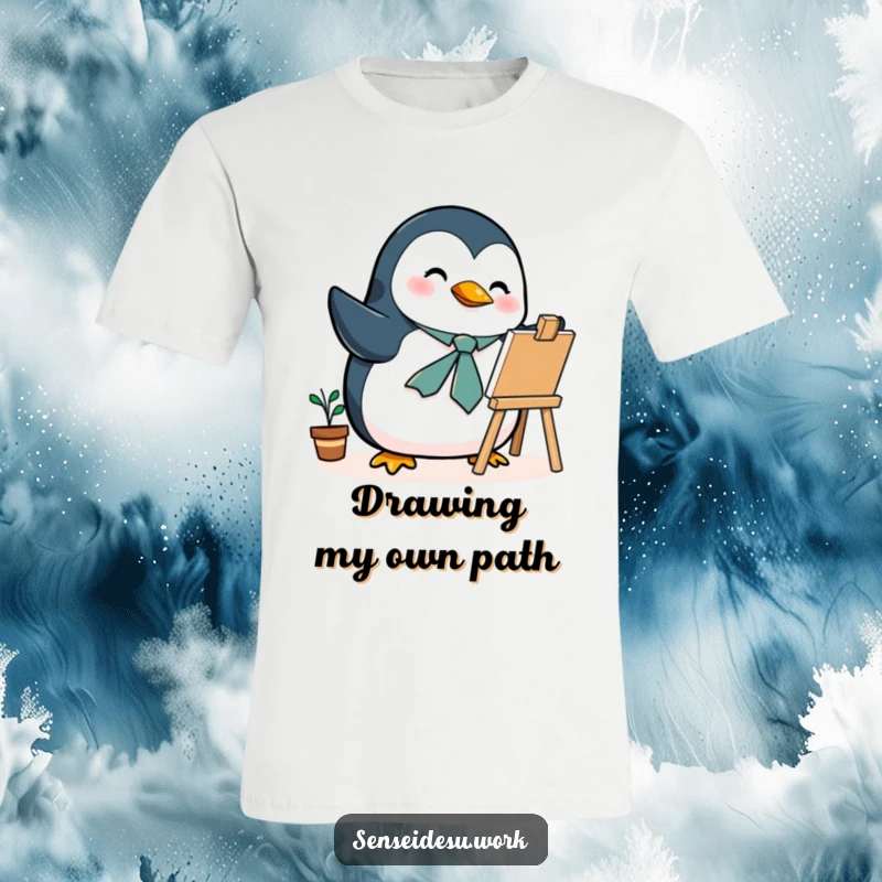 Funny penguin t-shirt, in a tie, enthusiastically illustrating on a mini easel, celebrating creativity and humor.