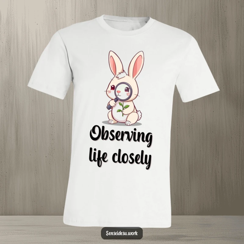 Funny quirky rabbit character examining a tiny sprout with a magnifying glass, curious and funny t-shirt.