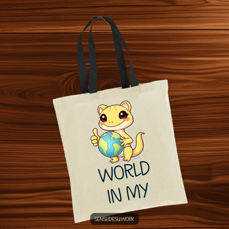Funny cheerful gecko character giving a thumbs up while holding a globe, ideal for a practical and funny tote bag.