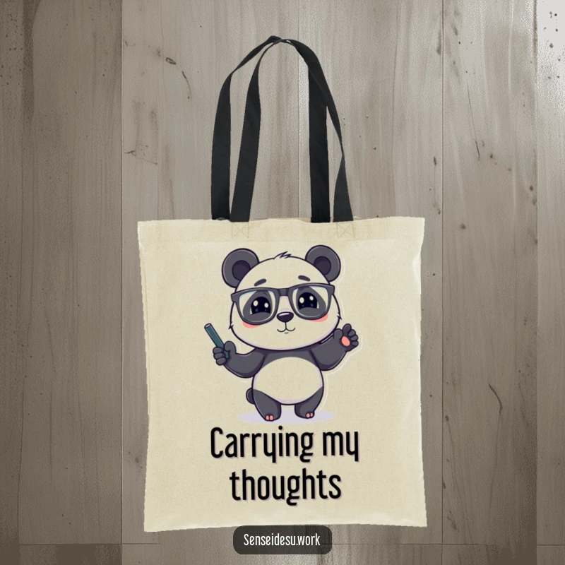 Funny panda character wearing glasses, gesturing with a chalk-filled paw, ideal for a practical and funny tote bag.
